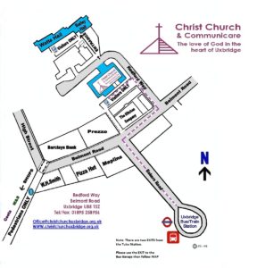 A map showing the shops on Belmont Road and where Redford Way and Christ Church is in relation to the shops and the bus/train station