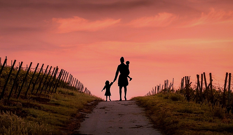 A woman holding a child and leading another child by the hand, silhouetted walking down a road towards a sunset sky