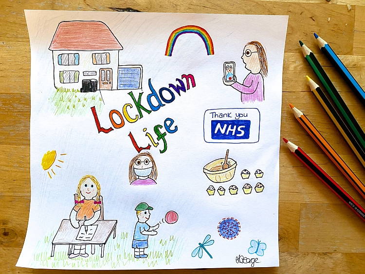 A doodle on a square piece of paper showing various aspects of 'Lockdown Life' 