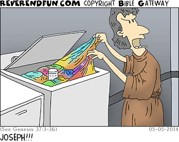 A cartoon of a man looking inside a washing machine at technicolour-dyed clothes and the caption "Joseph!"