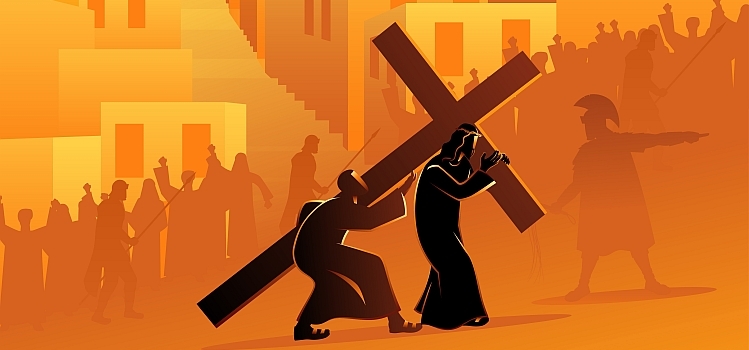 Biblical vector illustration series. Way of the Cross or Stations of the Cross, fifth station, Simon of Cyrene helps Jesus carry his cross.