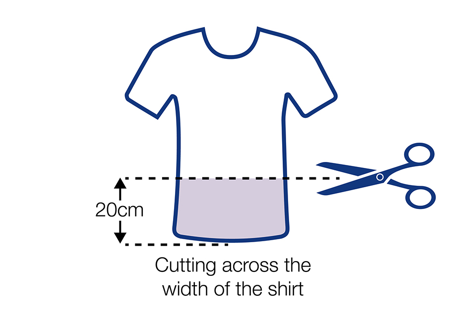 A picture of a T-shirt showing 20cm being cut across the width of the shirt
