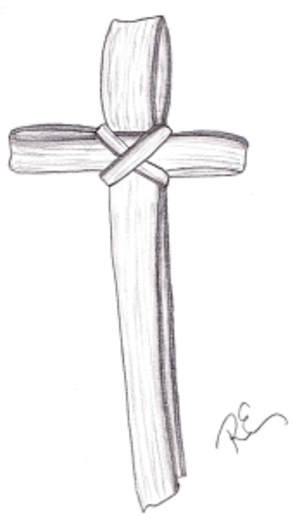 A black and white drawing of a palm cross