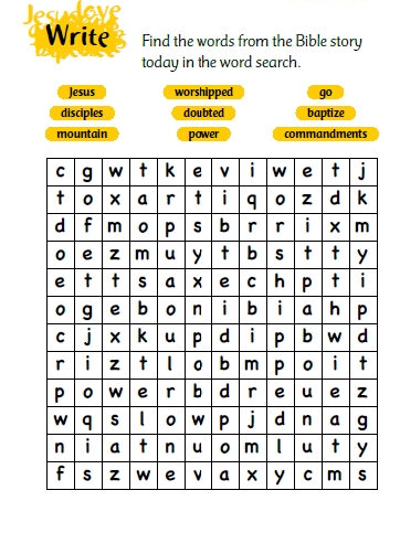 A wordsearch to find the words from the BIble story taken from the Roots children's activity sheet