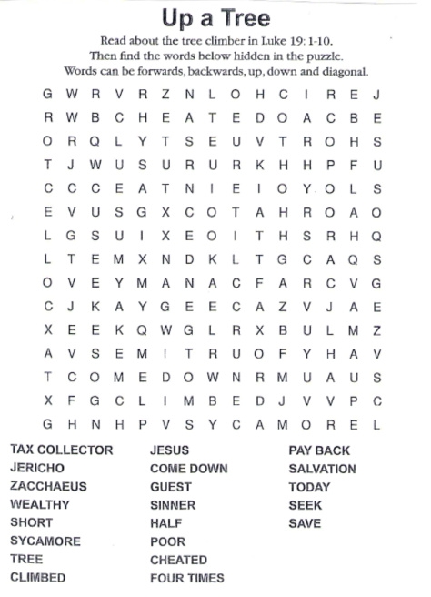 A wordsearch on the theme 'Up a Tree'