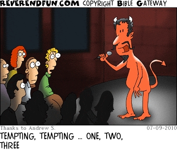A cartoon of a devil tapping a microphone, saying "tempting, tempting, 1, 2, 3..."
