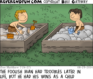 A cartoon of two children - one in a sand pit, the other surrounded by rocks