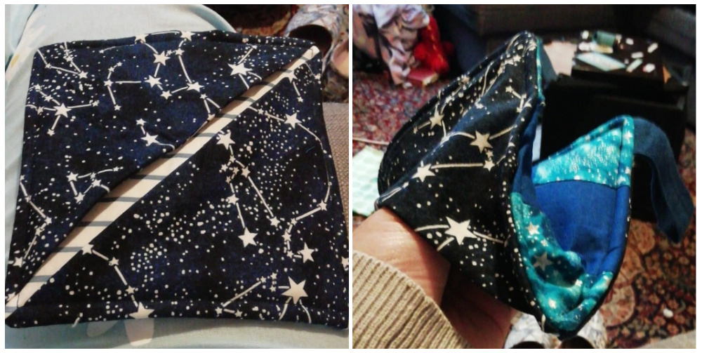Two photos of a handmade pot holder - one showing the pot holder flat and the other with a hand inside ready to hold a pot