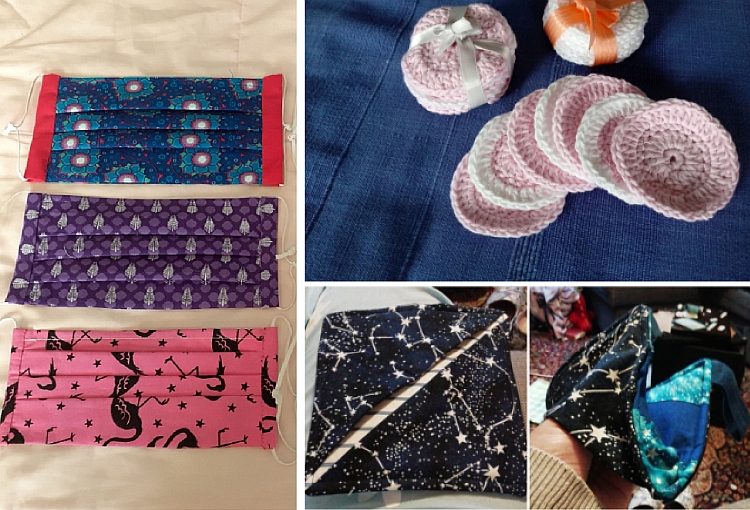 Three images showing face masks, crocheted face cleaning pads and hand-made pot holders