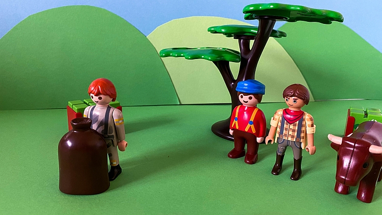 The prodigal son leaving his father and brother with his share of his inheritance recreated in Playmobil