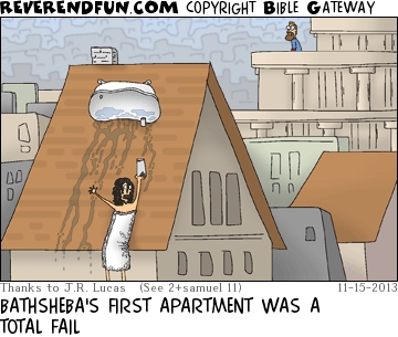 A cartoon of Bathsheba and her bath sliding down a steep pitched roof