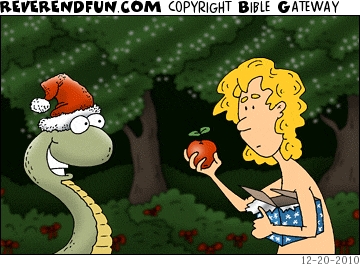 A cartoon with a snake wearing a Santa hat opposite Eve who has unwrapped a Christmas present to reveal an apple