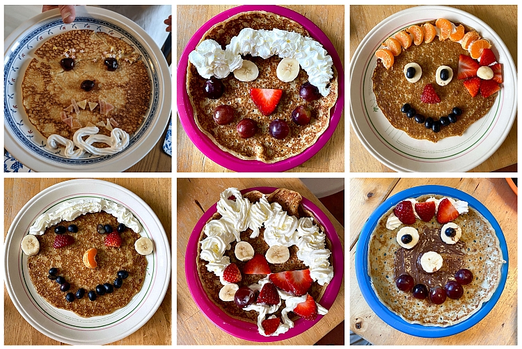 Six pictures of pancake faces