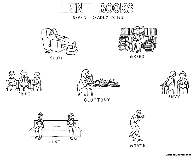 A cartoon showing the seven deadly sins reimagined for book lovers