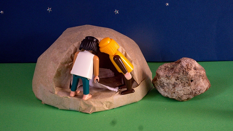 A Playmobil scene depicting the two disciples and the empty tomb