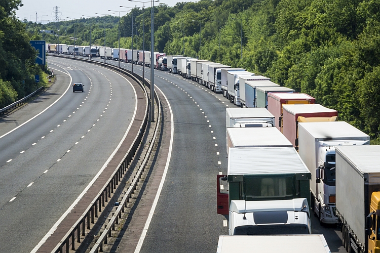 Lorries queued when Operation Stack is in place on the M20 motorway in Kent