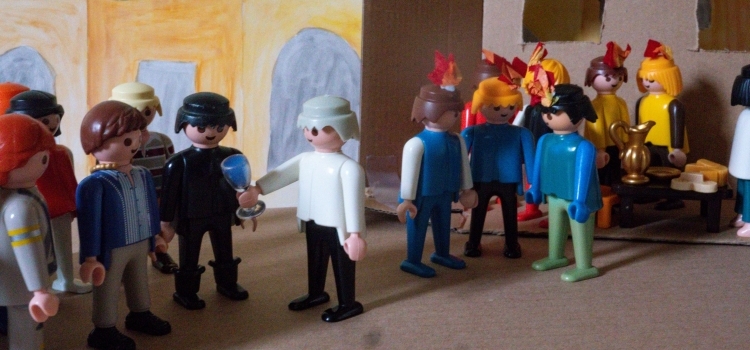 A Playmobil scene depicting the crowd and the discples on Pentecost