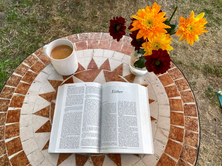 A Bible on a garden table open at Esther with a cup of tea and a vase of flowers