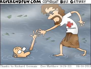 A cartoon of a drowning man being helped by Jesus as a lifeguard walking across the water