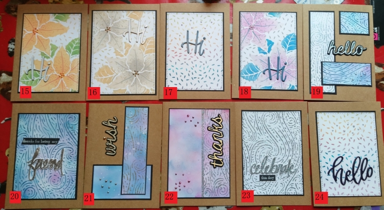 Ten numbered hand-made cards with text as follows: #15,16,17 and 18 - 'hi', #19 and 24 - 'hello', #20 - 'thanks for being my friend', #21 - 'wish', #22 - 'thanks', #23 - 'celebrate this day'