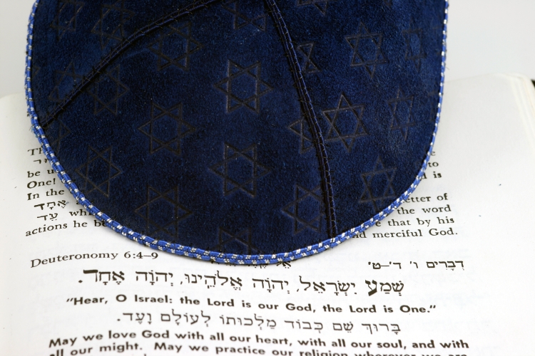 Jewish blue kippah and shema (Jewish Prayer)