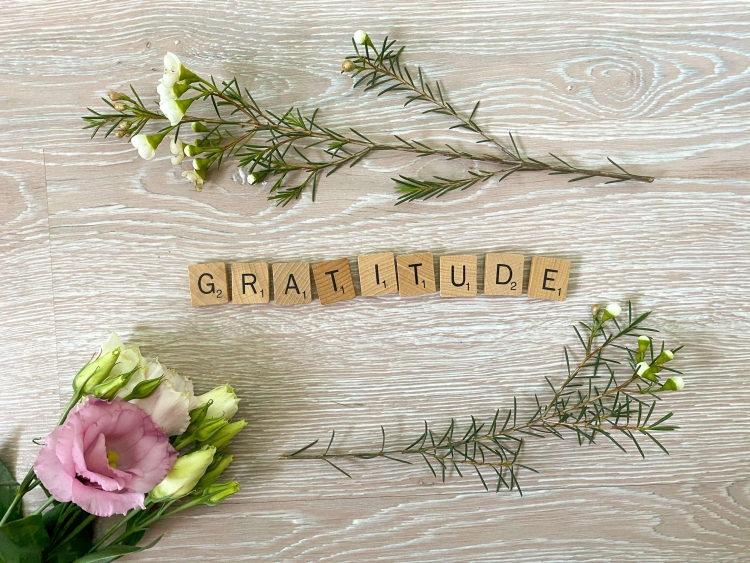 The word 'gratitude' spelled out in Scrabble tiles