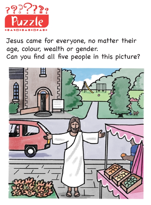 A picture showing Jesus against a town background scene with five people to spot