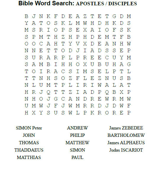 A wordsearch for names of Jesus's disciples