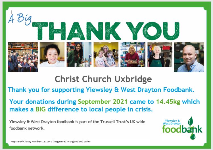 A certificate from Yiewsley and West Drayton foodbank saying thank you to Christ Church Uxbridge
