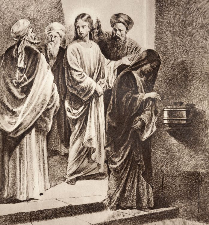 An artist's impression of Jesus in the temple surrounded by wealthy men while the widow in the foreground gives her offering
