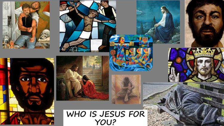 Several different images depicting various aspects of Jesus - Jesus taking on suffering, a black Jesus, Jesus being crucified, Jesus contemplating, Jesus in the boat with the discples. Jesus being tempted, Jesus as a homeless person, Jesus depicted as he might have looked in reality; Jesus with the woman anointing his feet