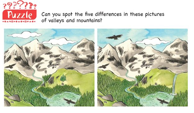 Two pictures of a valley and mountains with five differences between them