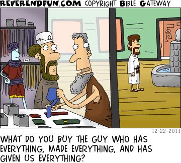A cartoon showing people shopping with Jesus in the background and the caption "What do you buy the guy who has everything, made everything and has given us everything?"