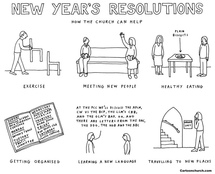 A cartoon showing how the church can help with the following New Year's resolutions: exercise (people moving chairs), making new friends (people waving to each other from opposite ends of a pew), healthy eating (people looking at a plate of plain biscuits), organisation (a diary filled with church events and meetings), learning a new language (someone talking in church speak and abbreviations) and travelling to new places (someone standing by a set of stairs leading to the organ loft)