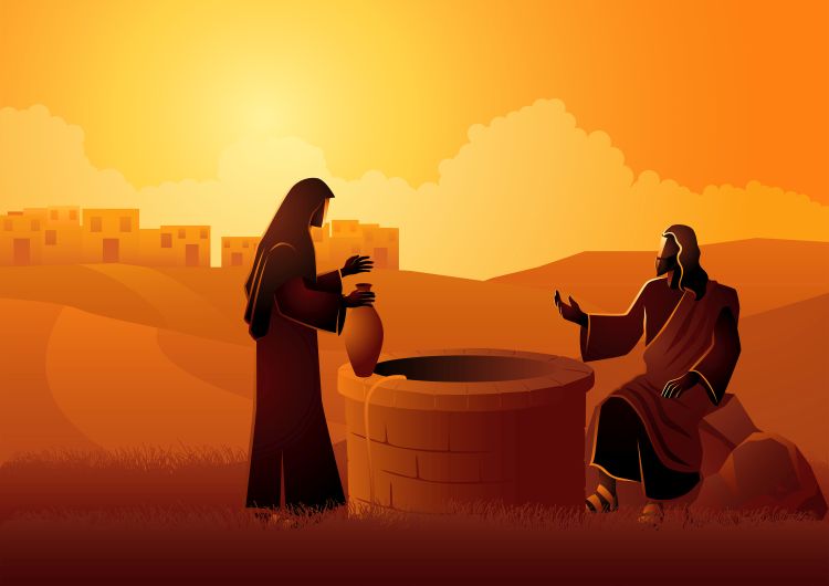 A drawing of Jesus talking to the Samaritan woman at the well