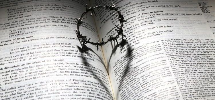 An open Bible with a small crown of thorns in the middle casting the shadow of a heart