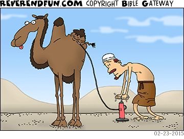 A cartoon of a man using a foot pump to pump up a camel's hump