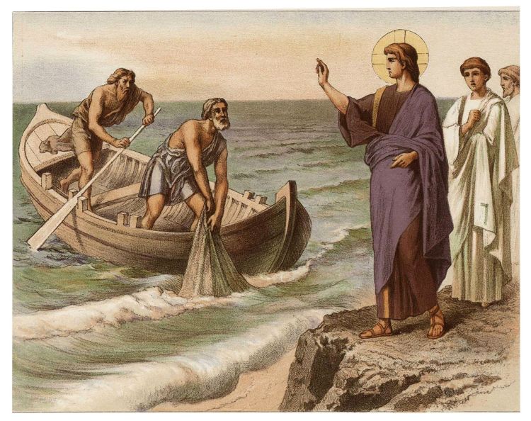 An illustration of Jesus calling his first disciples who are in boats fishing
