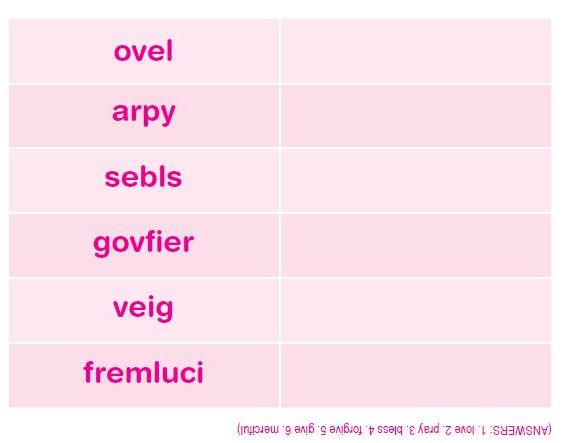 Scrambled words as follows: 'ovel', 'arpy'. 'sebls', 'govfier', 'veig' and 'fremluci'