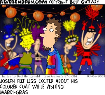 Joseph in his technicolour coat surrounded by people in a carnival wearing bright coloured clothing with the caption "Joseph felt less excited about his coloured coat while visiting Mardi Gras"