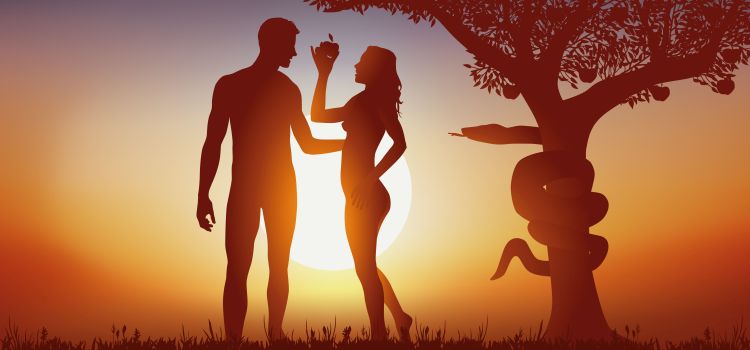 An illustration of Eve holding the apple, standing next to Adam with the serpent looking on from the tree, silhouetted against a sunset sky