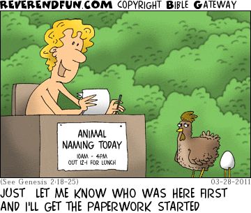 A cartoon of Adam sitting at a desk with a sign on it saying "Animal Naming Today" and a chicken and an egg standing in front of him. The caption reads "Just let me know who was here first and I'll get the paperwork started."