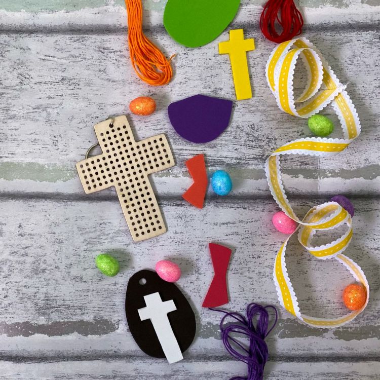 Easter craft objects on a grey background