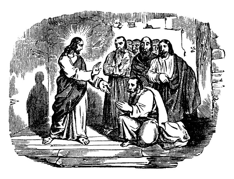 A drawing showing the resurrected Jesus in the upper room with Thomas kneeling before him and the disciples standing around them both