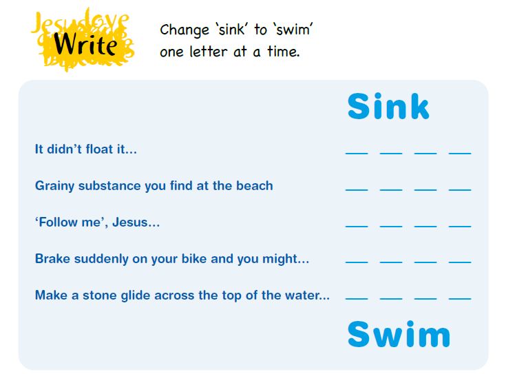 A puzzle to change the word 'sink' to 'swim' changing one letter at a time