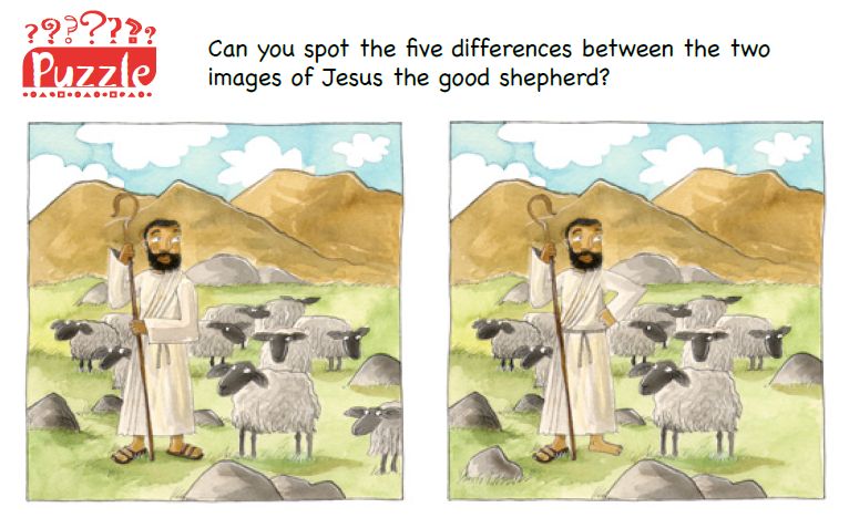 Two spot-the-difference pictures showing Jesus as the Good Shepherd