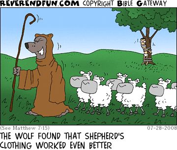 A cartoon showing sheep following a wolf dressed as a shepherd with the caption "The wolf found that shepherd's clothing worked even better."