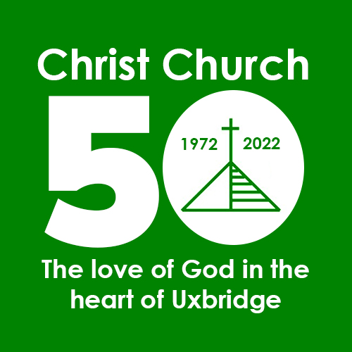 The 50th anniversary logo (the pyramid roof icon inside the '0' of a '50' with the dates 1972 and 2022 either side of the cross and the words 'Christ Church' above the 50 and 'The love of God in the heart of Uxbridge' below the 50)