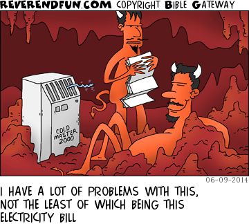 A cartoon of a devil sitting in front of an air-conditioning unit with another devil looking at a bill. The caption reads "I have a lot of problems with this, not the least of which being this electricity bill."