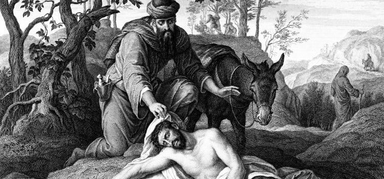 An illustration of the Good Samaritan helping the injured man on the road